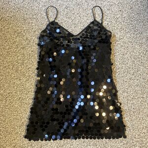 Womens Big Sequin Tank Top Size M Black Mesh Y2K Strappy Adjustable Shiny NYE